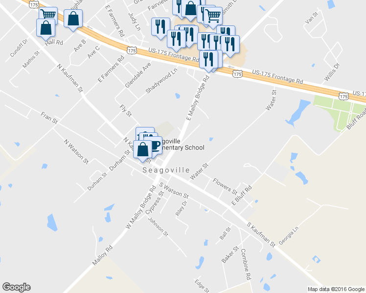 map of restaurants, bars, coffee shops, grocery stores, and more near 304 Lakey Road in Seagoville