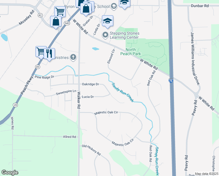 map of restaurants, bars, coffee shops, grocery stores, and more near 1017 Oakridge Drive in Byron
