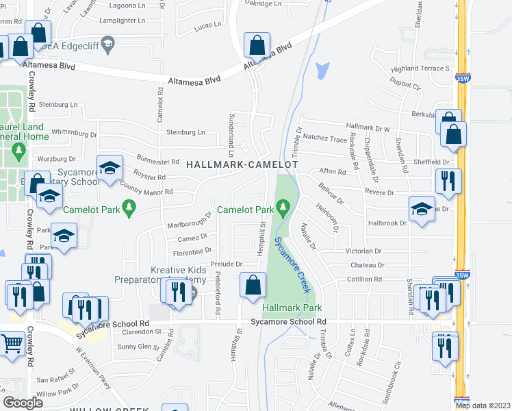 map of restaurants, bars, coffee shops, grocery stores, and more near 1273 Kielder Circle in Fort Worth