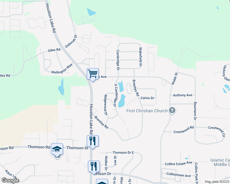 map of restaurants, bars, coffee shops, grocery stores, and more near 106 Ridgewood Drive in Warner Robins