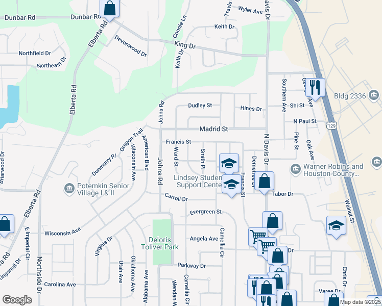 map of restaurants, bars, coffee shops, grocery stores, and more near 224 Crescent Drive in Warner Robins