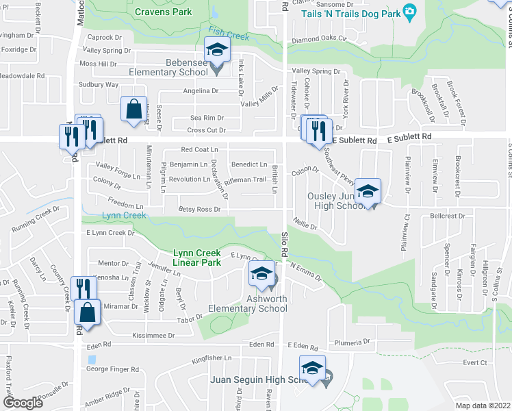 map of restaurants, bars, coffee shops, grocery stores, and more near 605 Betsy Ross Drive in Arlington