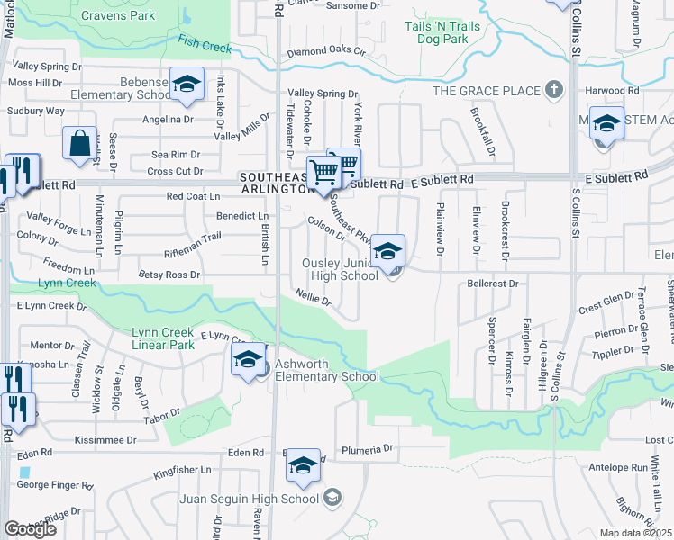 map of restaurants, bars, coffee shops, grocery stores, and more near 6420 Juliette Run in Arlington
