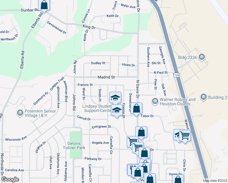 map of restaurants, bars, coffee shops, grocery stores, and more near 209 Ruzelle Street in Warner Robins