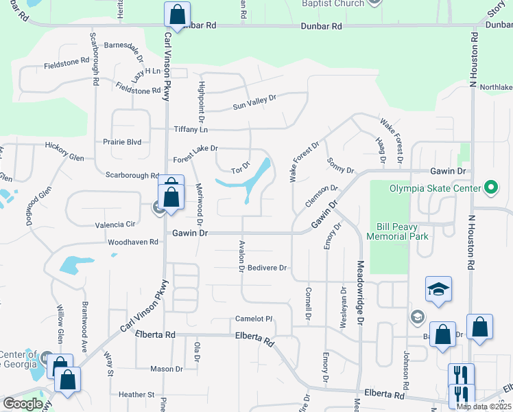 map of restaurants, bars, coffee shops, grocery stores, and more near 403 Forest Lake Drive in Warner Robins