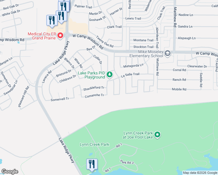 map of restaurants, bars, coffee shops, grocery stores, and more near 2312 Shackleford Trail in Grand Prairie