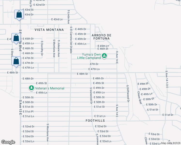 map of restaurants, bars, coffee shops, grocery stores, and more near East 48th Street in Yuma