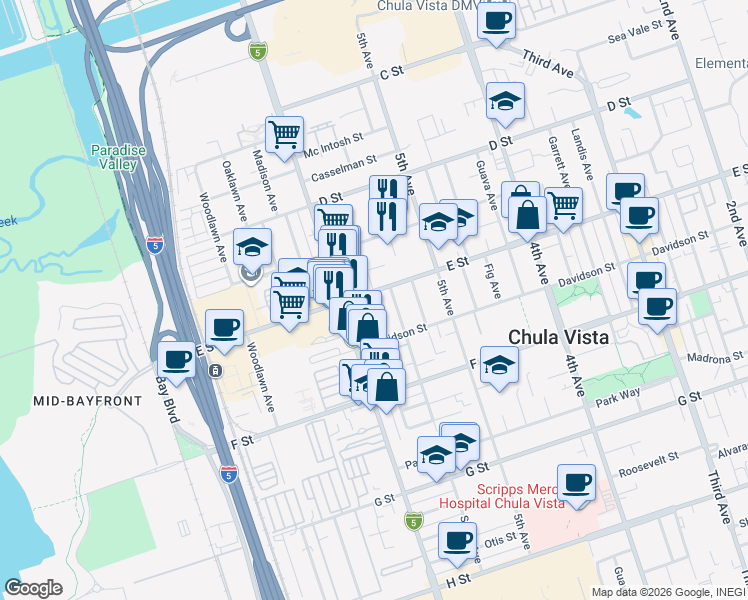 map of restaurants, bars, coffee shops, grocery stores, and more near 206 Beech Avenue in Chula Vista