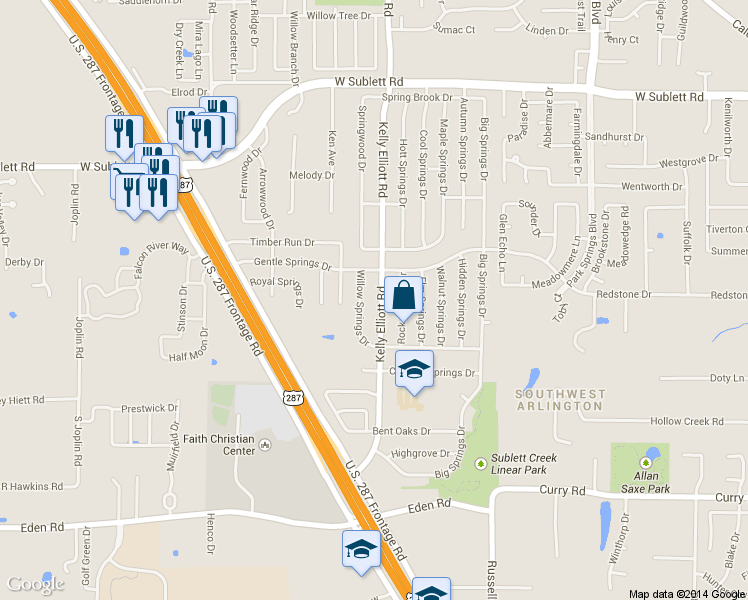 map of restaurants, bars, coffee shops, grocery stores, and more near 6400 Kelly Elliott Road in Arlington