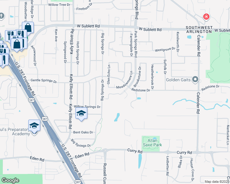 map of restaurants, bars, coffee shops, grocery stores, and more near 3815 Pine Valley Lane in Arlington