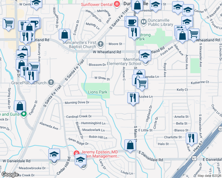 map of restaurants, bars, coffee shops, grocery stores, and more near 1031 Southloop Drive in Duncanville