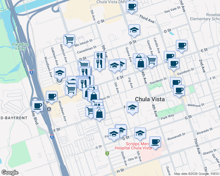 map of restaurants, bars, coffee shops, grocery stores, and more near 221 Cedar Avenue in Chula Vista