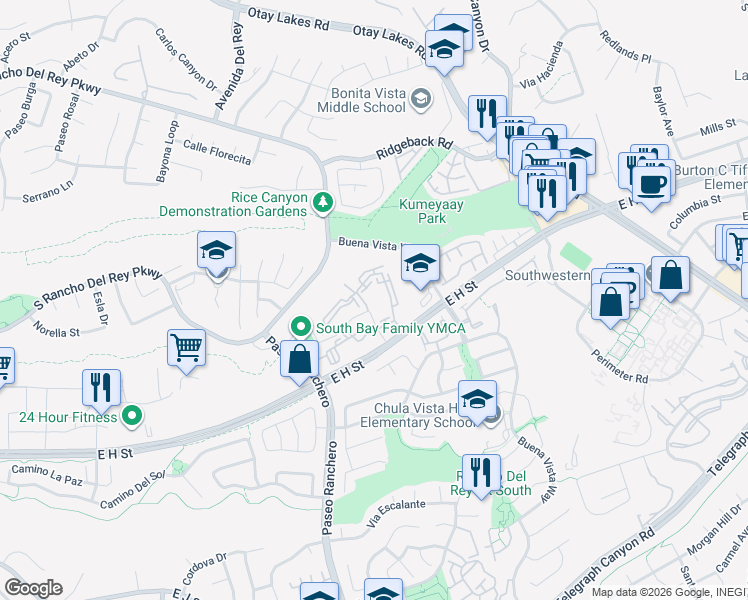map of restaurants, bars, coffee shops, grocery stores, and more near 841 Regulo Place in Chula Vista