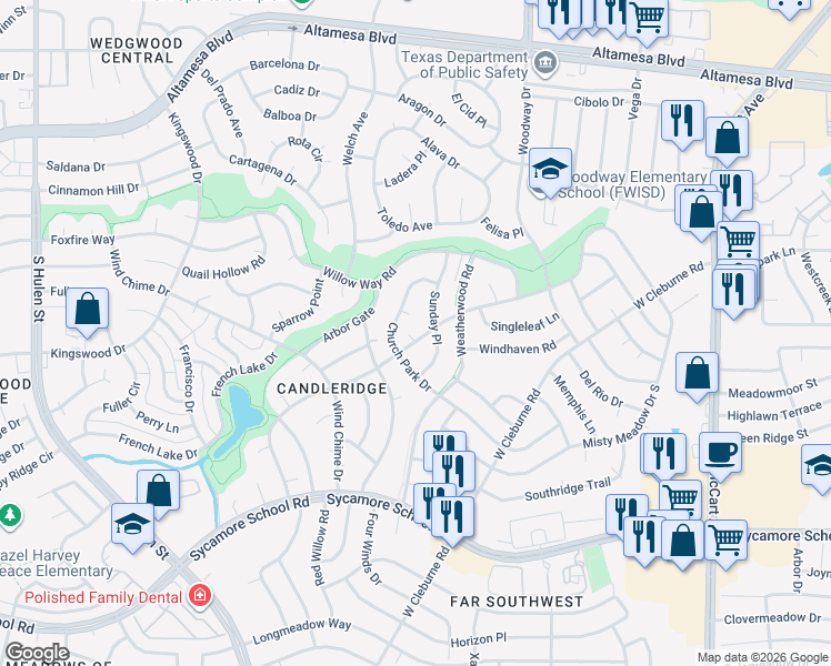 map of restaurants, bars, coffee shops, grocery stores, and more near 4108 Misty Meadow Drive in Fort Worth