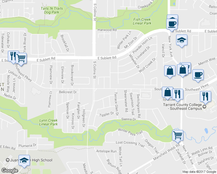 map of restaurants, bars, coffee shops, grocery stores, and more near 6414 Brookbriar Court in Arlington