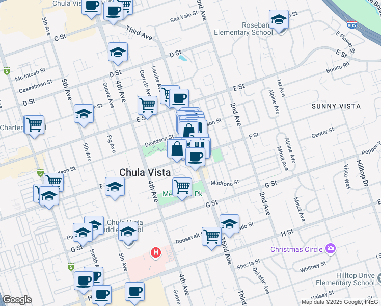 map of restaurants, bars, coffee shops, grocery stores, and more near 285-87 Landis Avenue in Chula Vista