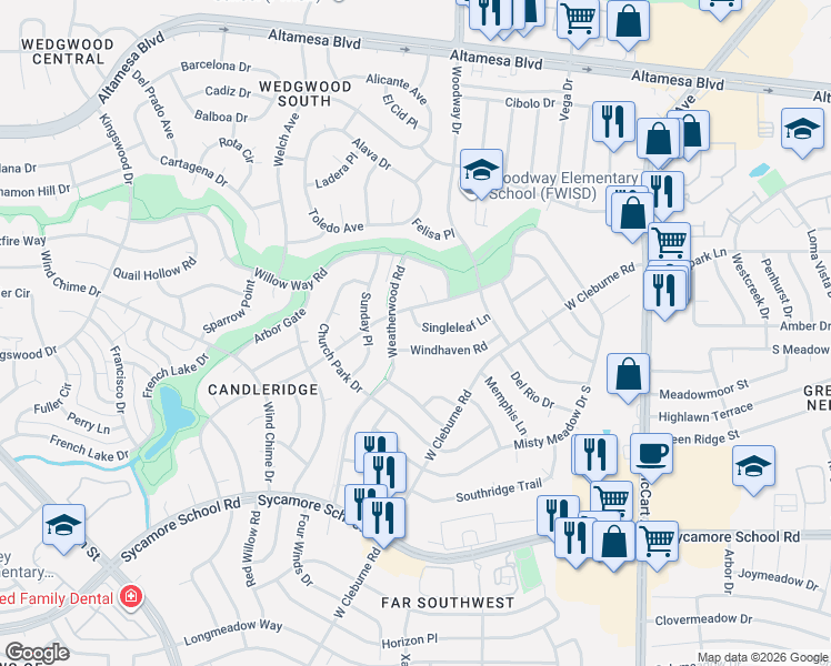 map of restaurants, bars, coffee shops, grocery stores, and more near 3957 Singleleaf Lane in Fort Worth