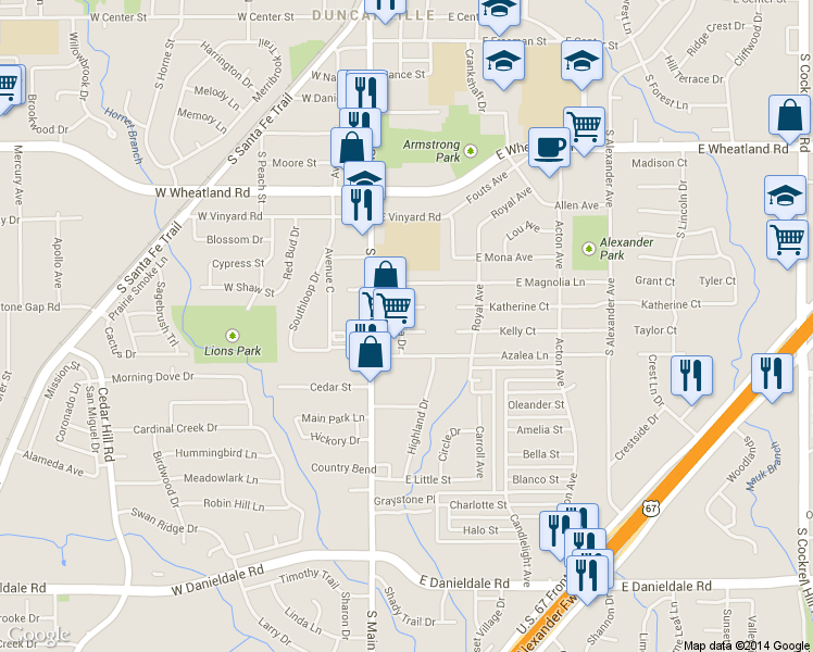 map of restaurants, bars, coffee shops, grocery stores, and more near 203 Camellia Circle in Duncanville
