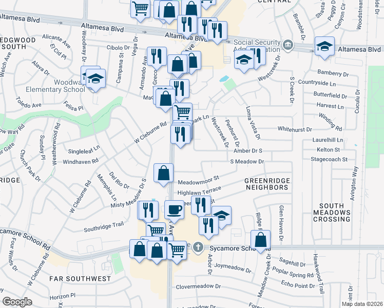 map of restaurants, bars, coffee shops, grocery stores, and more near 6916 Amber Drive in Fort Worth