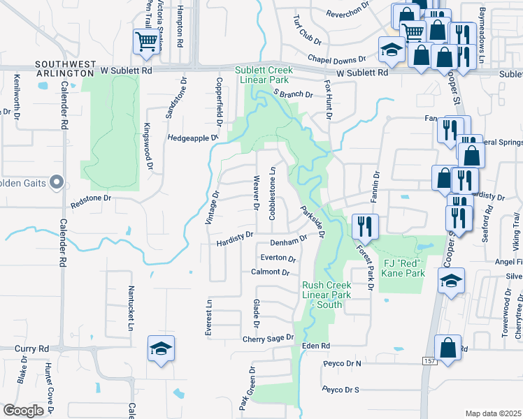 map of restaurants, bars, coffee shops, grocery stores, and more near 6335 Weaver Dr in Arlington