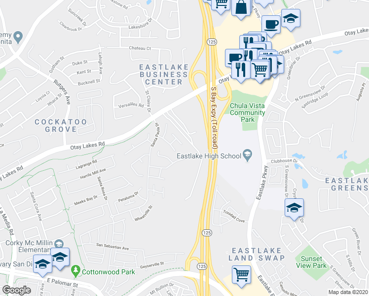map of restaurants, bars, coffee shops, grocery stores, and more near 1067 Forest Hill Place in Chula Vista