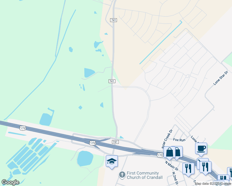 map of restaurants, bars, coffee shops, grocery stores, and more near 1469 Farm to Market Road 741 in Crandall