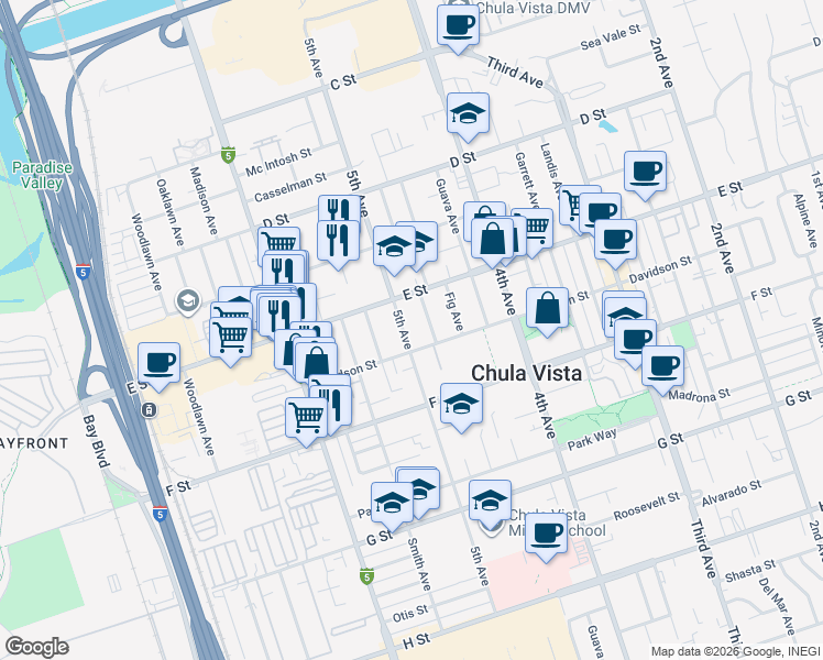 map of restaurants, bars, coffee shops, grocery stores, and more near 231 5th Avenue in Chula Vista