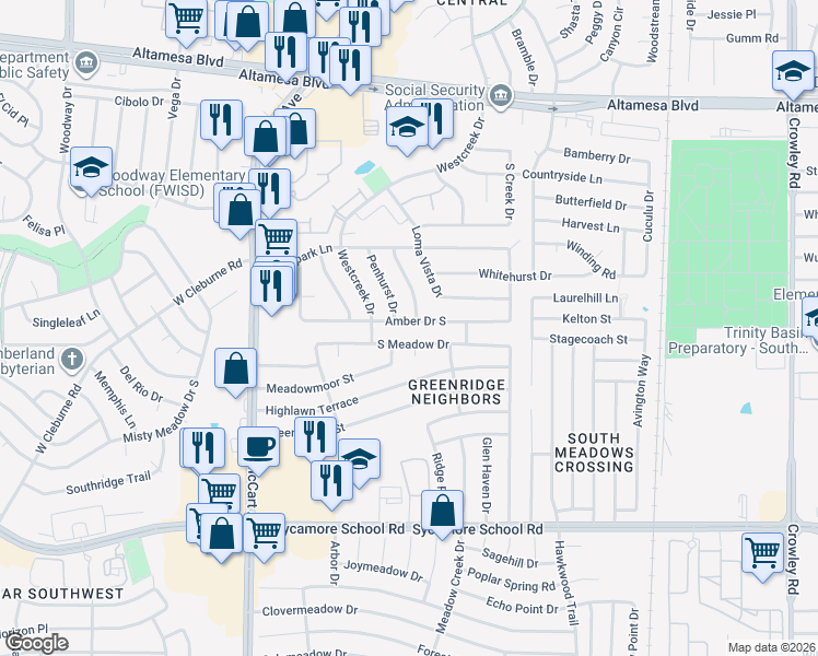 map of restaurants, bars, coffee shops, grocery stores, and more near 2905 Amber Drive South in Fort Worth