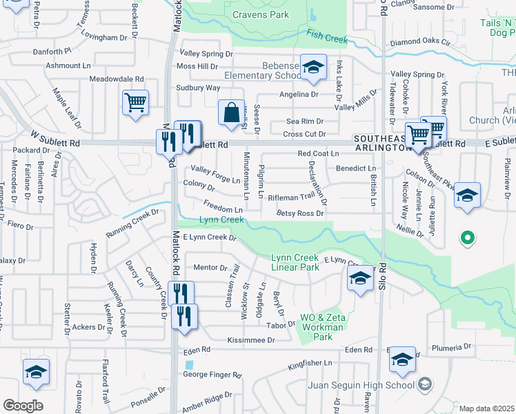 map of restaurants, bars, coffee shops, grocery stores, and more near 6404 Pilgrim Lane in Arlington
