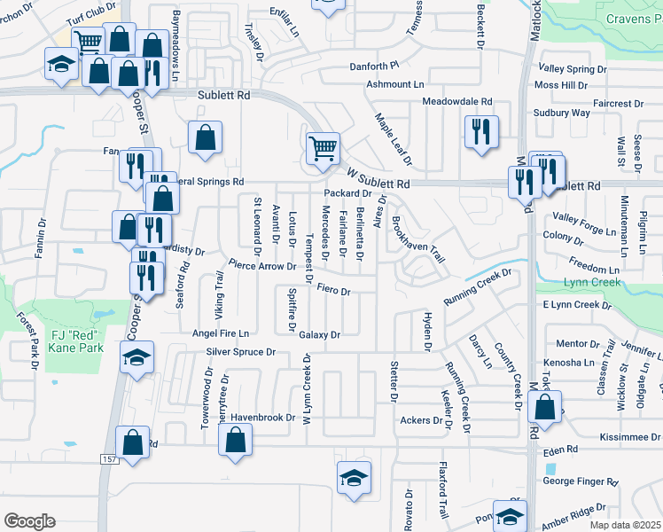 map of restaurants, bars, coffee shops, grocery stores, and more near 6407 Mercedes Drive in Arlington