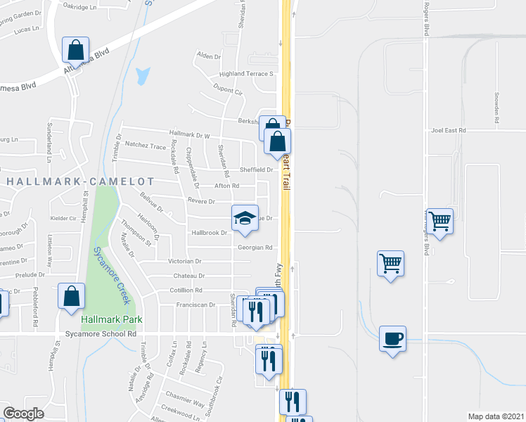map of restaurants, bars, coffee shops, grocery stores, and more near 7113 Hallmark Drive South in Fort Worth