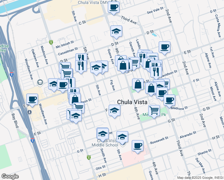 map of restaurants, bars, coffee shops, grocery stores, and more near 244 Fig Avenue in Chula Vista