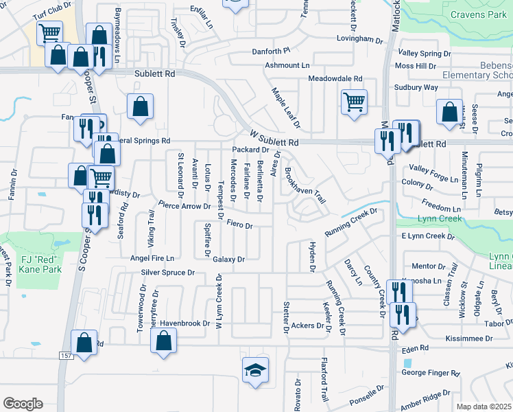 map of restaurants, bars, coffee shops, grocery stores, and more near 6404 Berlinetta Drive in Arlington