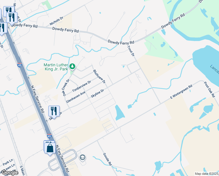 map of restaurants, bars, coffee shops, grocery stores, and more near 1416 Bluffview Drive in Hutchins