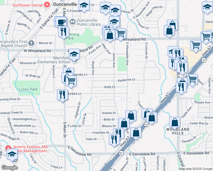 map of restaurants, bars, coffee shops, grocery stores, and more near 447 Kelly Court in Duncanville