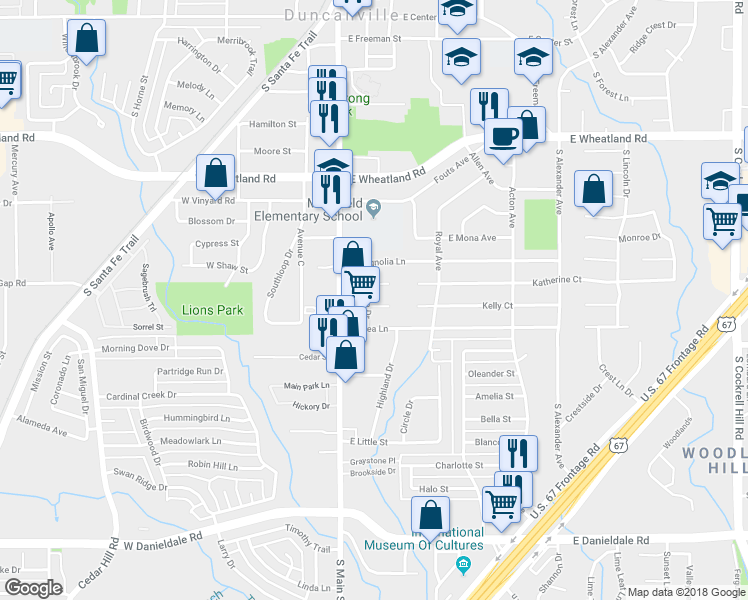 map of restaurants, bars, coffee shops, grocery stores, and more near 203 Camellia Circle in Duncanville
