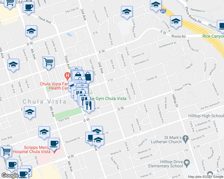map of restaurants, bars, coffee shops, grocery stores, and more near 333 2nd Avenue in Chula Vista
