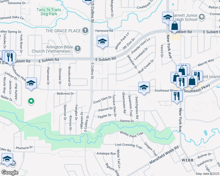 map of restaurants, bars, coffee shops, grocery stores, and more near 6414 Brookbriar Court in Arlington