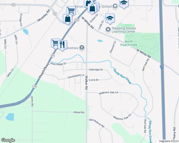 map of restaurants, bars, coffee shops, grocery stores, and more near 1002 Oakridge Drive in Byron
