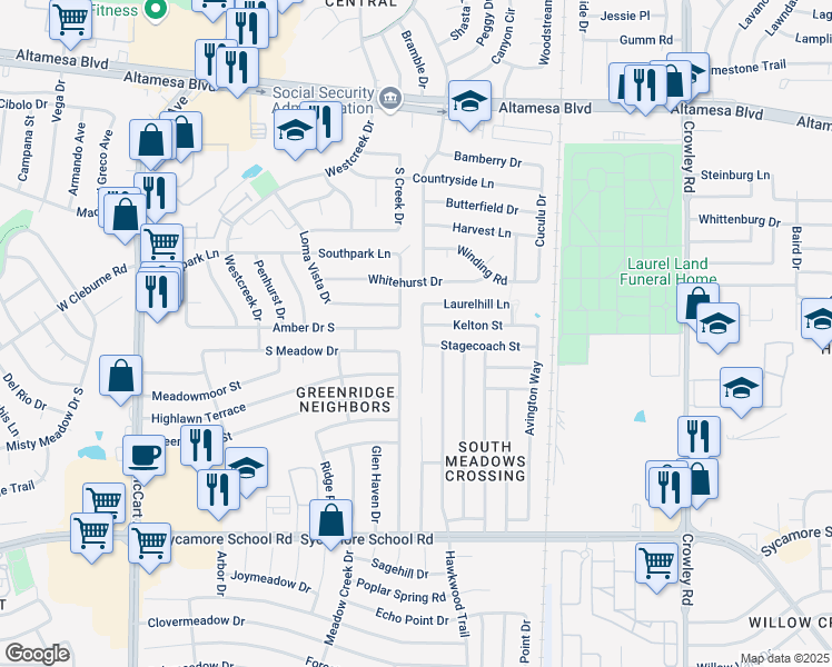 map of restaurants, bars, coffee shops, grocery stores, and more near 6928 Laurelhill Court North in Fort Worth