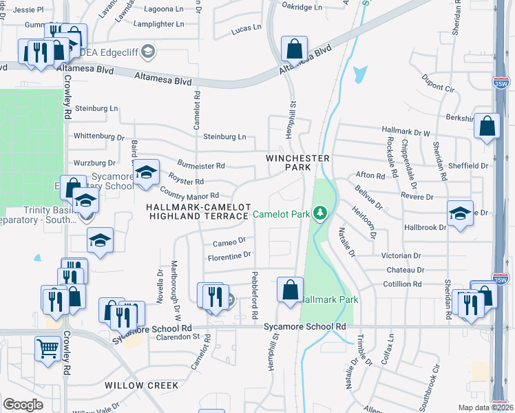 map of restaurants, bars, coffee shops, grocery stores, and more near 1201 Marlborough Drive in Fort Worth
