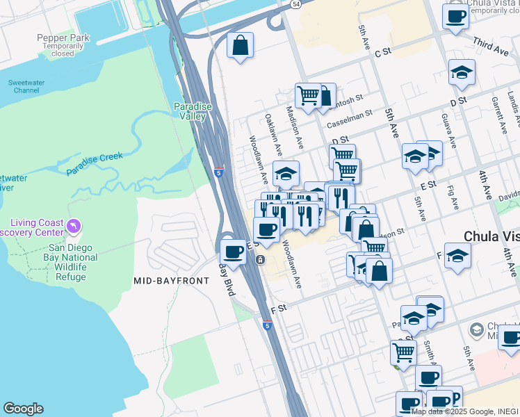 map of restaurants, bars, coffee shops, grocery stores, and more near 100 Woodlawn Avenue in Chula Vista