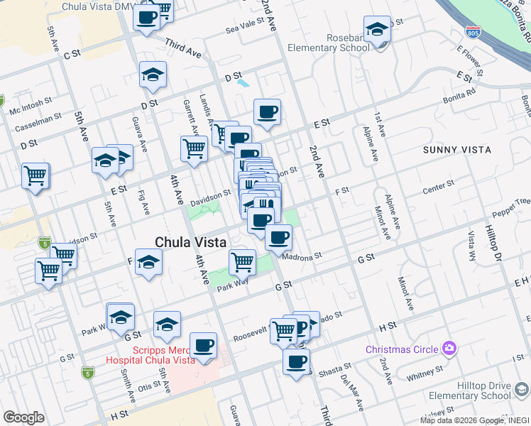map of restaurants, bars, coffee shops, grocery stores, and more near 313 3rd Avenue in Chula Vista