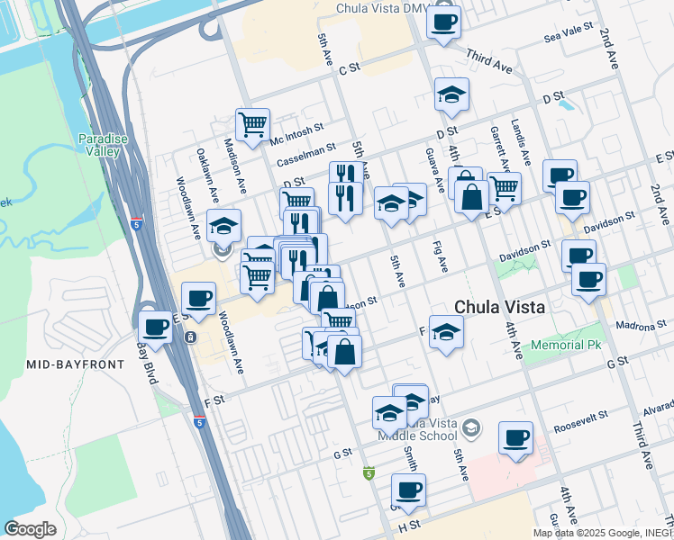 map of restaurants, bars, coffee shops, grocery stores, and more near 206 Beech Avenue in Chula Vista