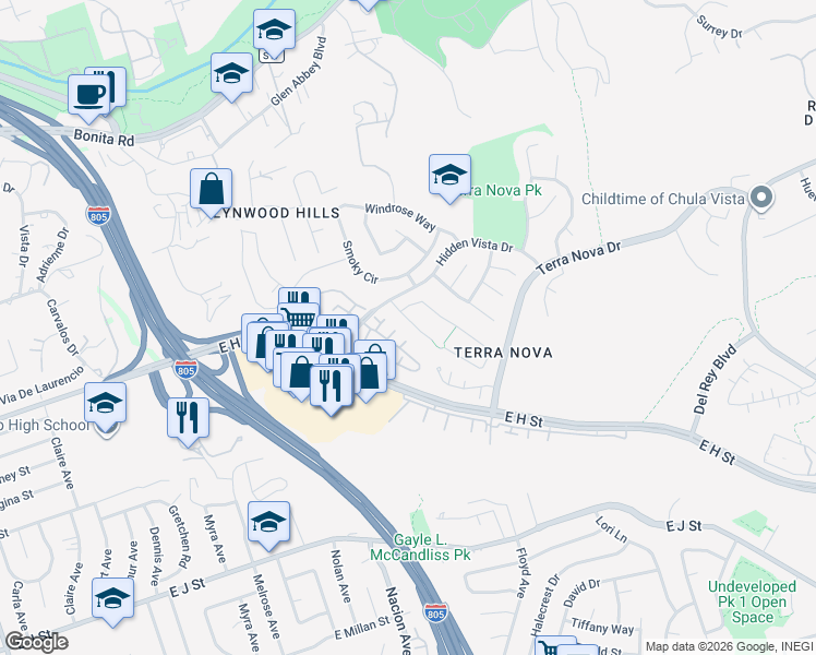 map of restaurants, bars, coffee shops, grocery stores, and more near 428 Krista Court in Chula Vista