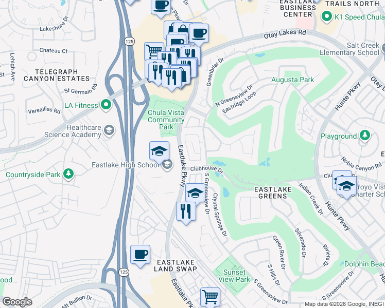 map of restaurants, bars, coffee shops, grocery stores, and more near 1092 Forest Lake Drive in Chula Vista