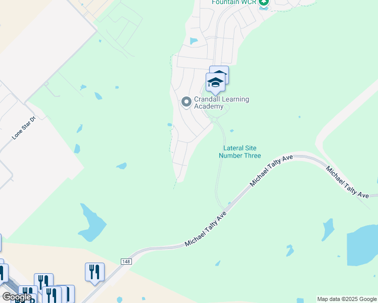 map of restaurants, bars, coffee shops, grocery stores, and more near 2311 Wisterwood Lane in Crandall