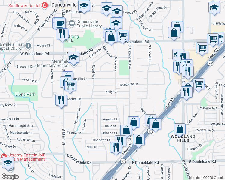 map of restaurants, bars, coffee shops, grocery stores, and more near 447 Kelly Court in Duncanville