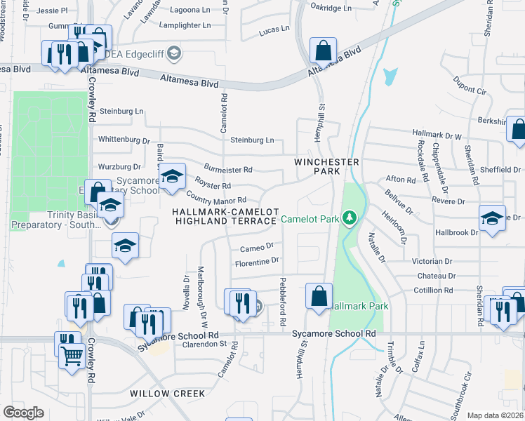 map of restaurants, bars, coffee shops, grocery stores, and more near 1305 Andante Drive in Fort Worth