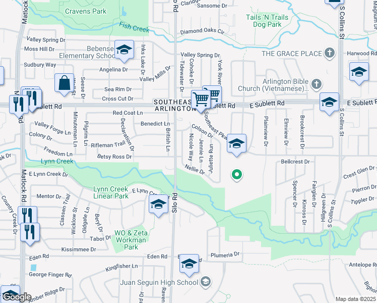 map of restaurants, bars, coffee shops, grocery stores, and more near 6422 Nicole Way in Arlington